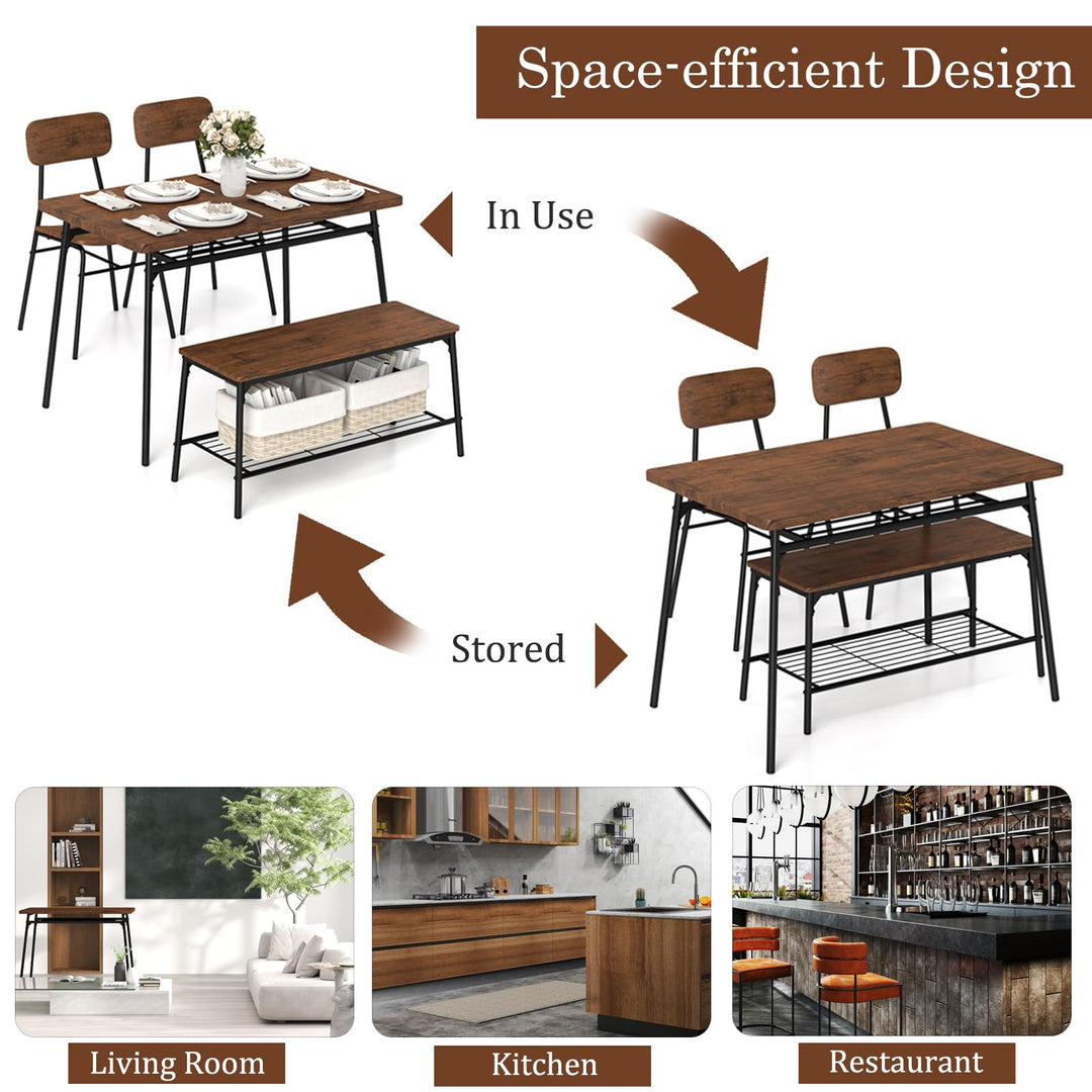 Giantex Dining Table Set for 4, Kitchen Table with Bench &amp; 2 Chairs, Storage &amp; Metal Frame
