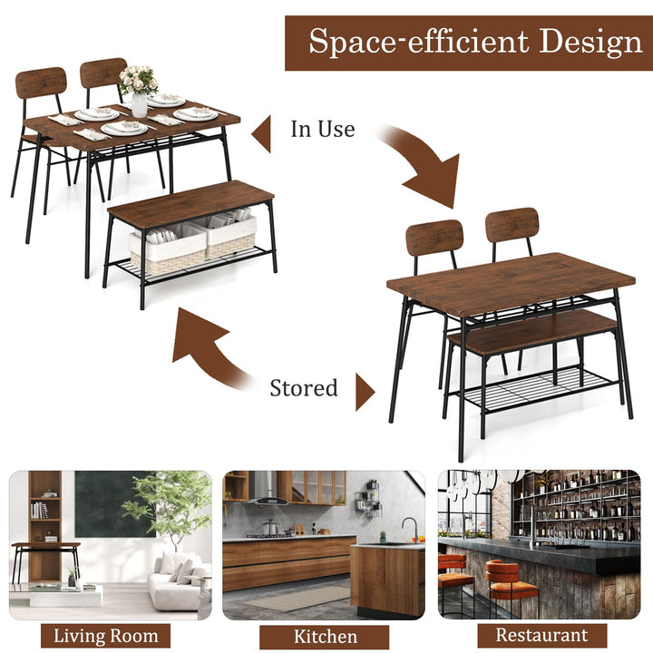 Giantex Dining Table Set for 4, Kitchen Table with Bench &amp; 2 Chairs, Storage &amp; Metal Frame
