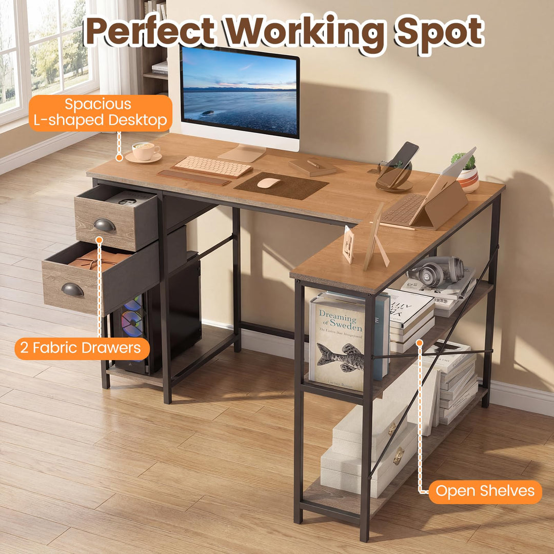 Giantex 48" L Shaped Desk with Charging Station &amp; 2 Fabric Drawers