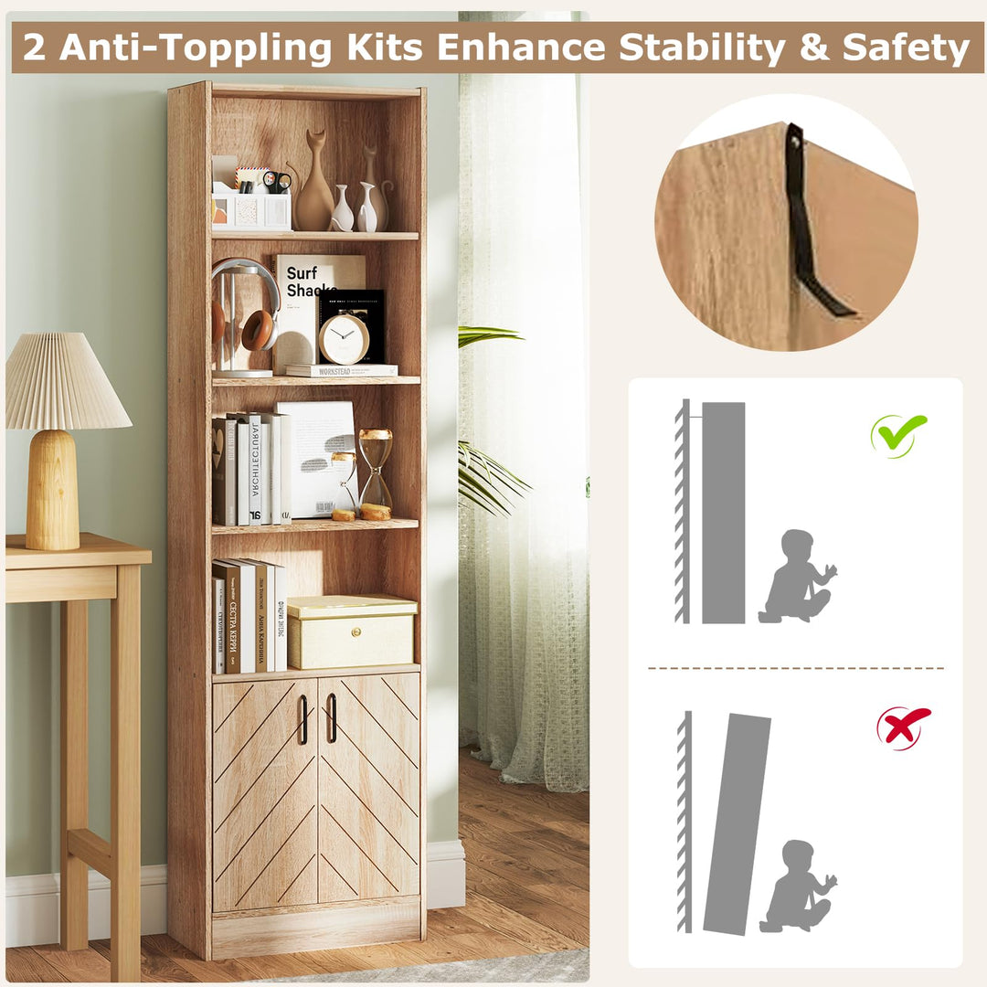 Giantex 6-Tier Bookshelf with Double Doors, 71" Tall Bookcase w/ 4 Open Cubes &amp; 3 Adjustable Shelves