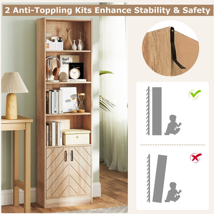 Giantex 6-Tier Bookshelf with Double Doors, 71" Tall Bookcase w/ 4 Open Cubes &amp; 3 Adjustable Shelves