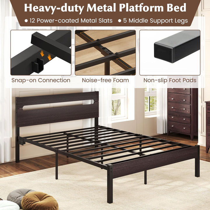 Giantex Full Size LED Bed Frame with Charging Station Rustic Metal Platform Bed