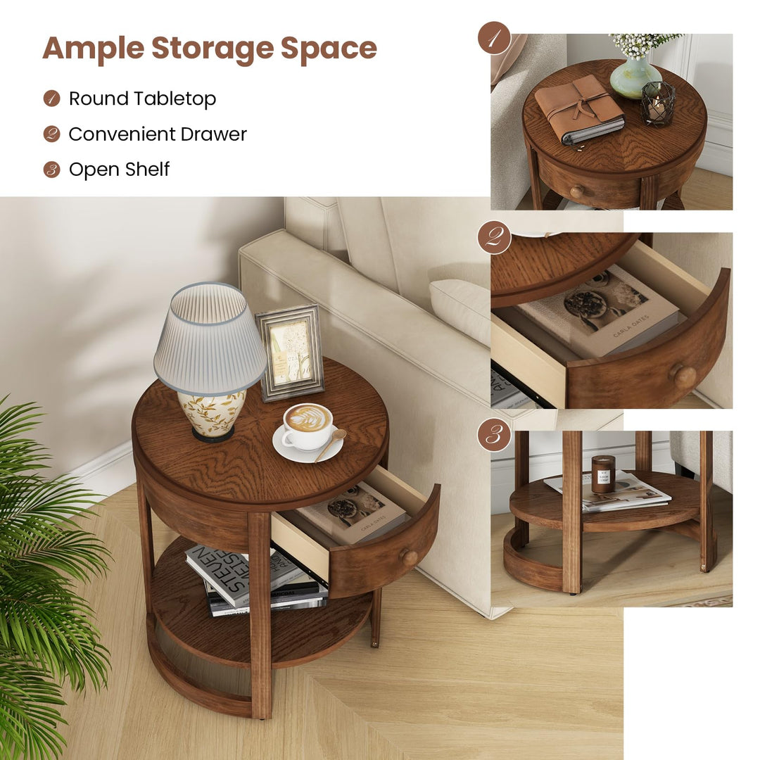 Giantex Round Side Tables Set of 1/2 | 2-Tier Retro End Tables with Drawer &amp; Shelf