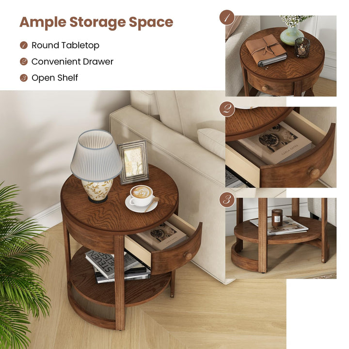 Giantex Round Side Tables Set of 1/2 | 2-Tier Retro End Tables with Drawer &amp; Shelf