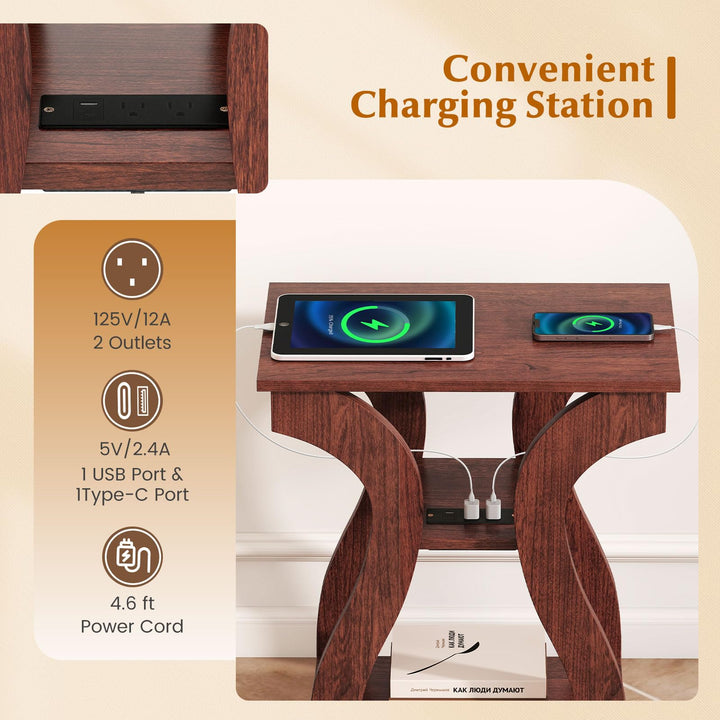 Giantex End Tables with Charging Station Set of 2 Narrow Sofa Side Tables with Open Storage Shelves