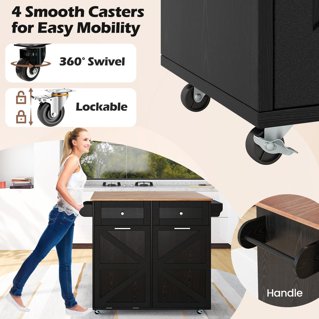 Giantex Kitchen Island Cart with Hidden Tilt Out Trash Can Cabinet, Drop Leaf, 2 Drawers, Towel Rack