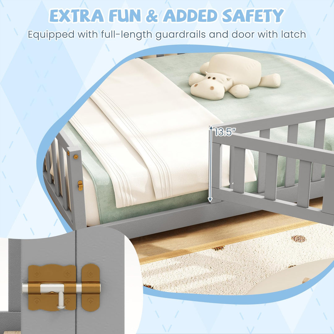 Giantex Full Size Floor Bed for Kids, Montessori Floor Bed with Wood Slats &amp; Safety Guardrails