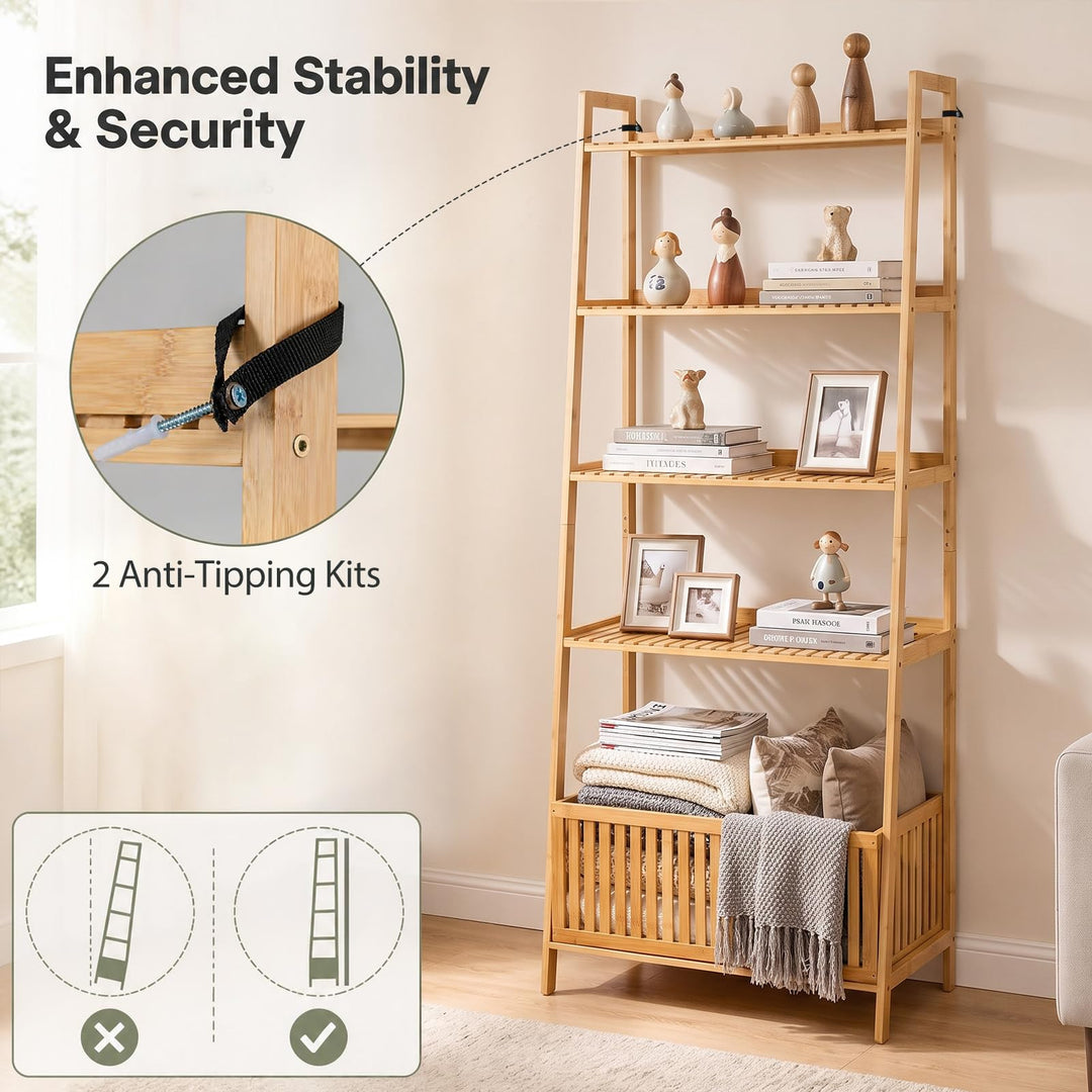 GIANTEX 66" 5-Tier Bamboo Plant Stand Ladder Shelf with Storage Basket