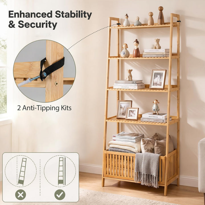 GIANTEX 66" 5-Tier Bamboo Plant Stand Ladder Shelf with Storage Basket