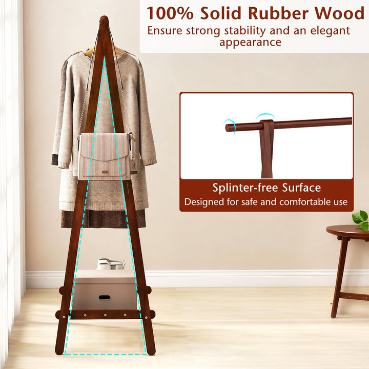 Giantex Folding Rubber Wood Clothes Hanging Rack Standing Garment Rack with Bottom Storage Shelf
