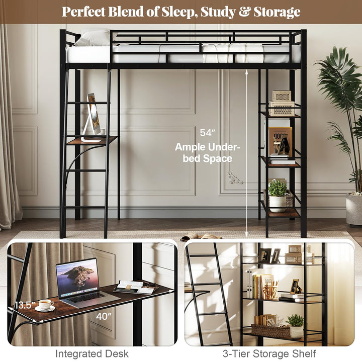 Giantex Twin Size Loft Bed with Desk &amp; Shelves for Kids