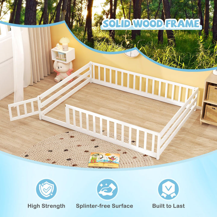 Giantex Floor Bed with Door &amp; Fence Kids Wood Montessori Beds with Safety Guardrails