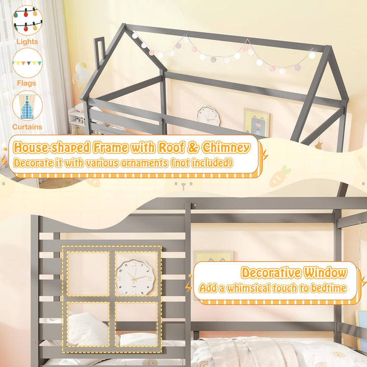 Giantex Twin House Bed with Trundle Bed Twin, Wooden Twin Bed Frames with Roof, Chimney &amp; Window