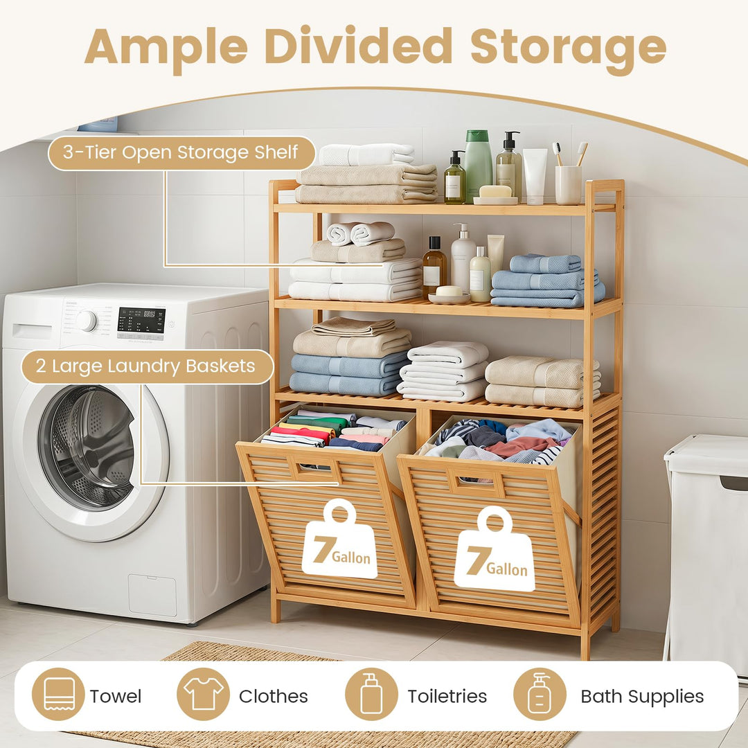 Giantex Double Tilt Out 14 Gal Bamboo Laundry Hamper with 3-Tier Storage Shelf