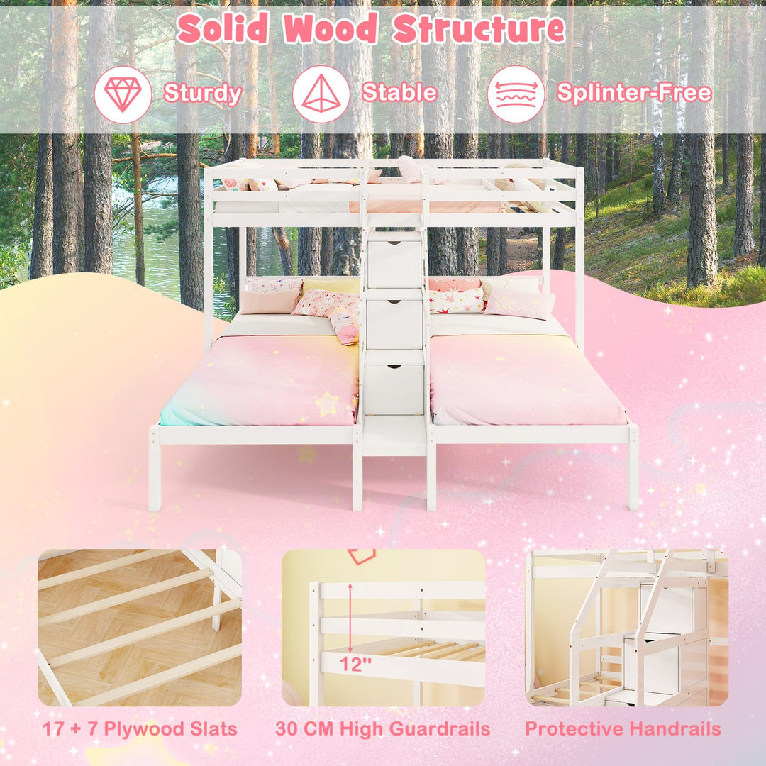 Giantex Twin Over Twin &amp; Twin Bunk Bed, Triple Bunk Beds with 4-Step Storage Stair, Wooden 3 Bunk Beds for Kids Teens