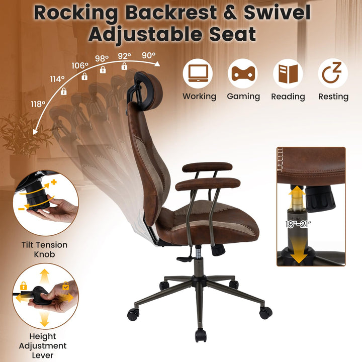 Giantex Ergonomic Mid Century Modern Faux Fur Computer Desk Chair with 2D Headrest