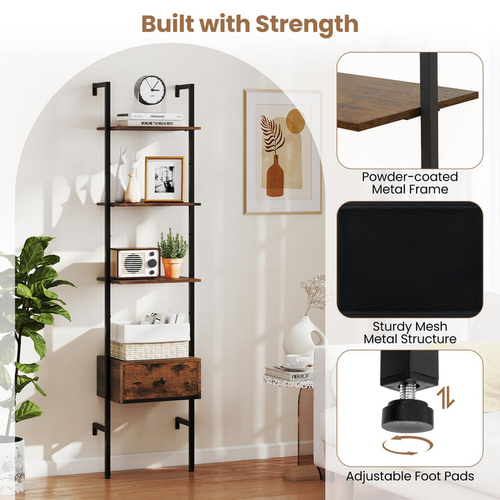 Giantex 5-Tier Ladder Bookcase with Drawer 70" Tall Wall-Mounted Bookshelf with Metal Frame