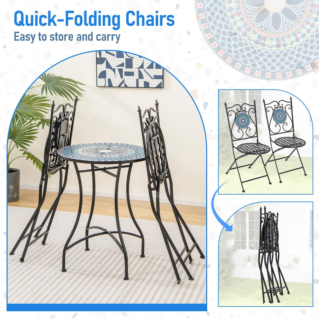 Giantex Patio Folding Chairs, Mosaic Bistro Chairs w/Backrest &amp; Round Seat for Porch Balcony Lawn