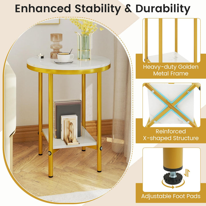 Giantex Round Side Table 2-Tier Faux Marble Sofa Side Coffee Table w/Gold Frame &amp; Open Shelf