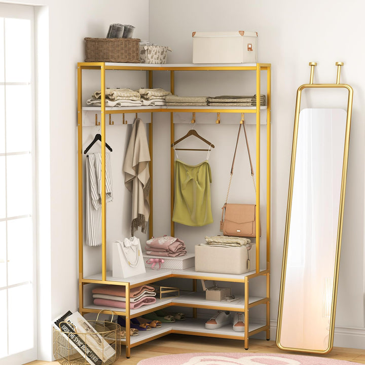 Giantex Corner Coat Rack with Shoe Bench, L-shaped Garment Rack with 5 Shelves &amp; 7 Hooks
