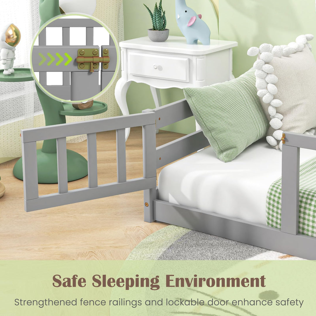 Giantex Twin Floor Bed with Door &amp; Fence, Kids Wood Montessori Bed with Safety Guardrails