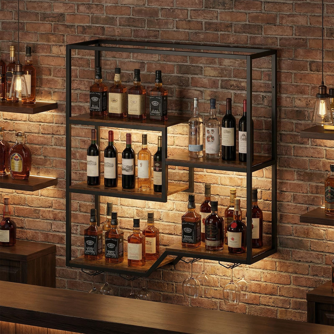 Giantex Wall Mounted Wine Rack 6-Tier Hanging Bar Shelf with Bottle Display Shelf and Glass Holder