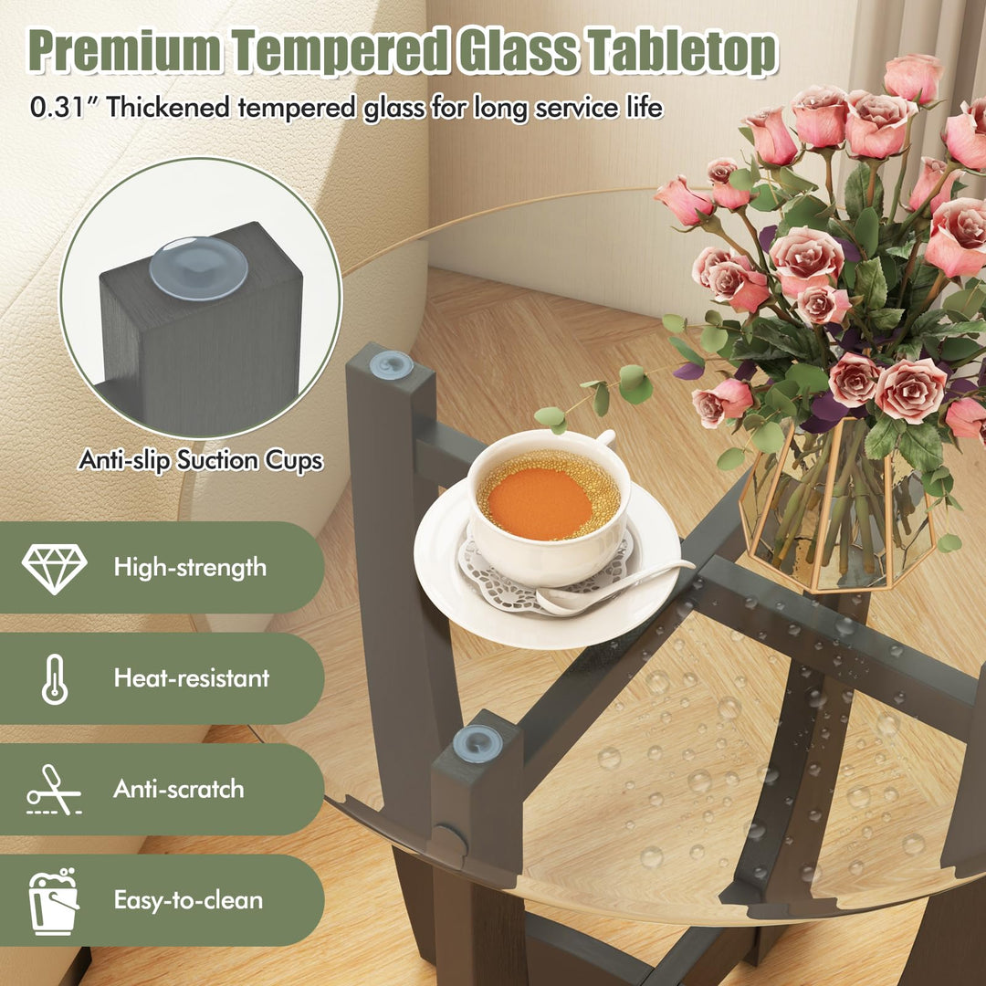 Giantex Glass End Table, Round Side Table with Rubber Wood Frame &amp; Tempered Glass Top, 23.5" Small Black Coffee Table