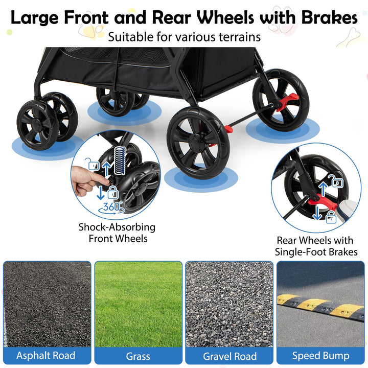 Giantex Dog Stroller with Low Entry &amp; Ramp Access, Cat Stroller with Lockable &amp; Shock-Absorbing All-Terrain Wheels