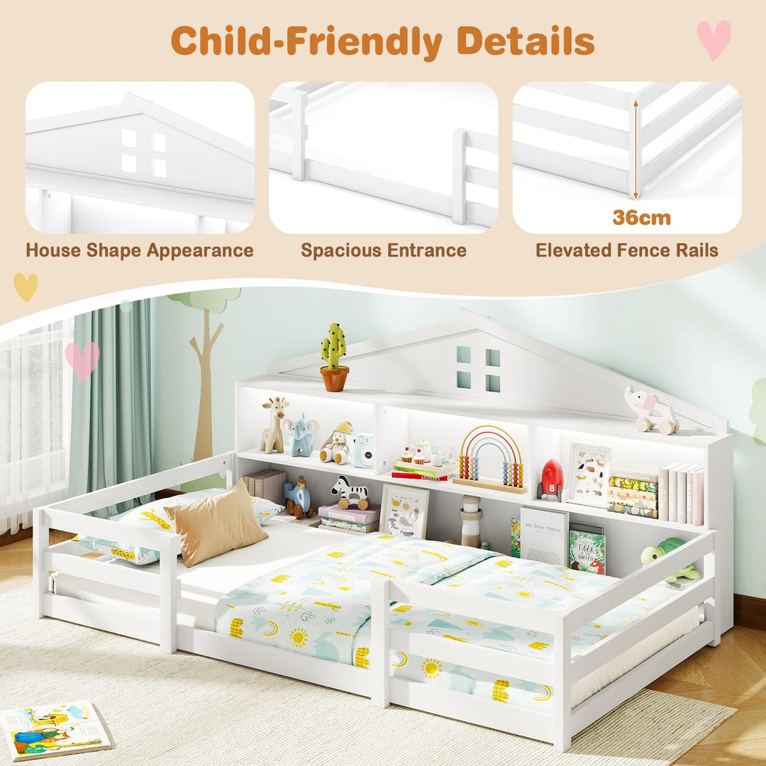 Giantex Montessori Floor Bed with LED Lights 2-in-1 Wooden House Bed Frame with Safety Guardrails