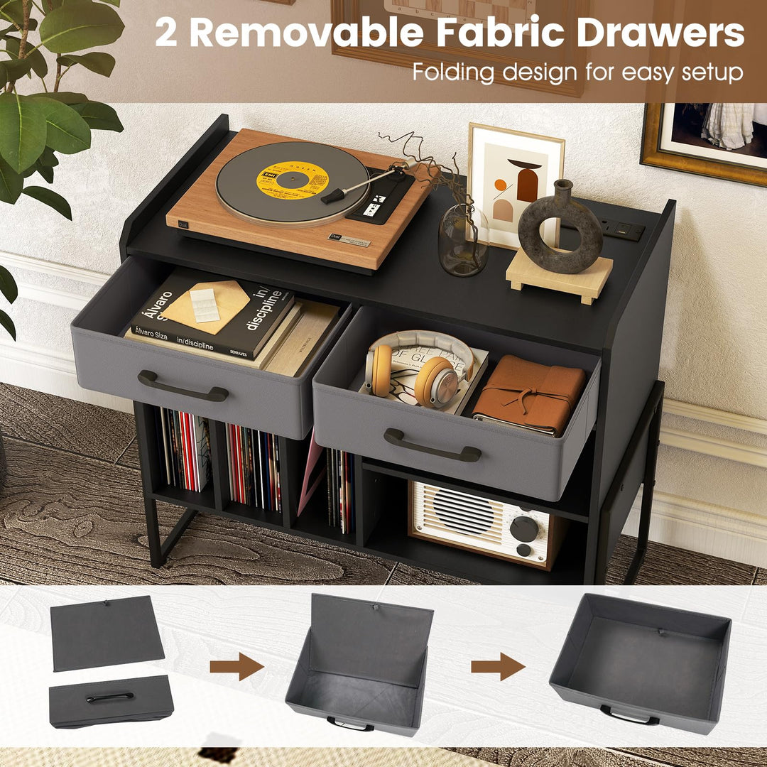 Giantex Large Record Player Stand with Charging Station Mid Century Modern Vinyl Storage Cabinet