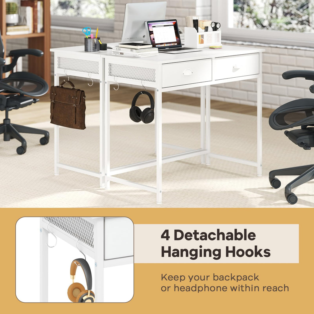 Giantex Small Computer Desk with Fabric Drawers, 36 Inch Home Office Desk with 4 Hanging Hooks &amp; Metal Frame