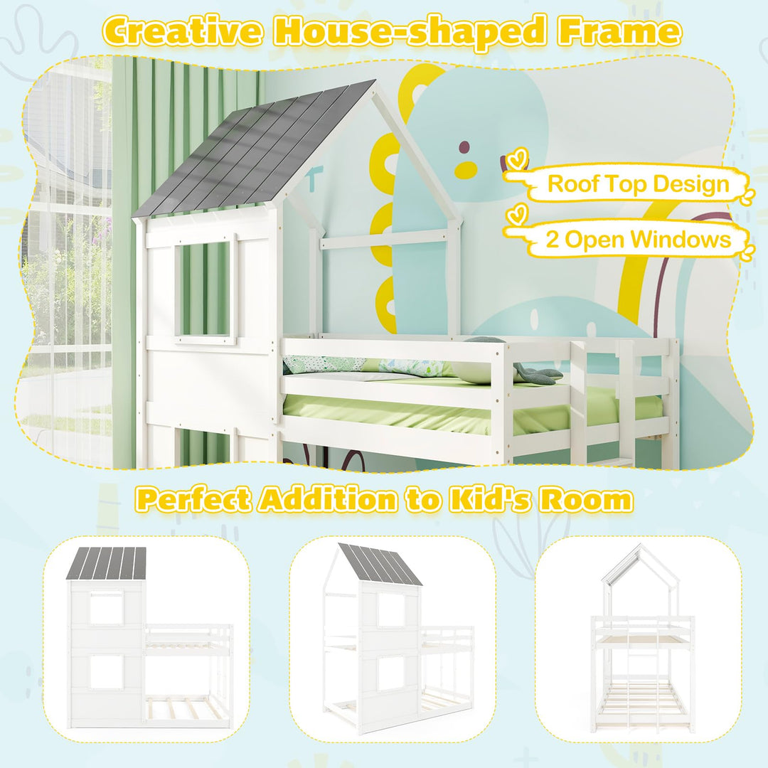 Giantex House Bunk Bed Twin Over Twin, Solid Wood Floor Bunk Bed with Built in Ladder, Window &amp; Safety Guardrail
