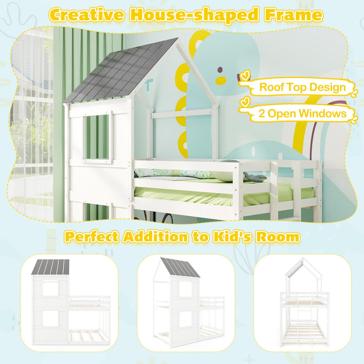 Giantex House Bunk Bed Twin Over Twin, Solid Wood Floor Bunk Bed with Built in Ladder, Window &amp; Safety Guardrail