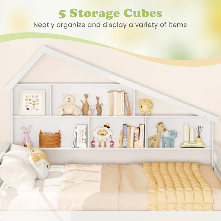 Giantex Full House Bed with Twin Trundle, Wood Daybed with 5 Cube Storage Bookcase &amp; Headboard