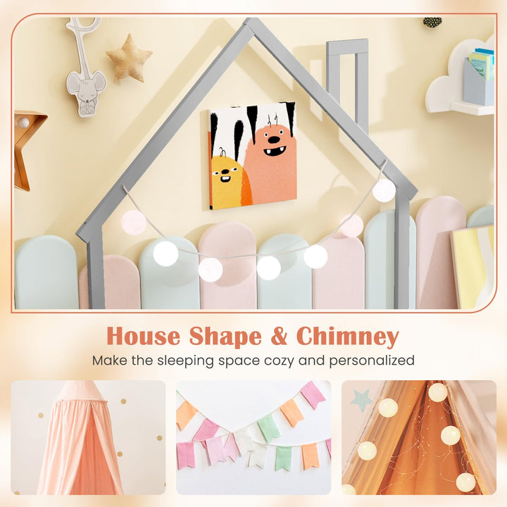 Giantex Twin Floor Bed for Kids, Wood Montessori Floor Bed with Chimney Headboard &amp; Handrail