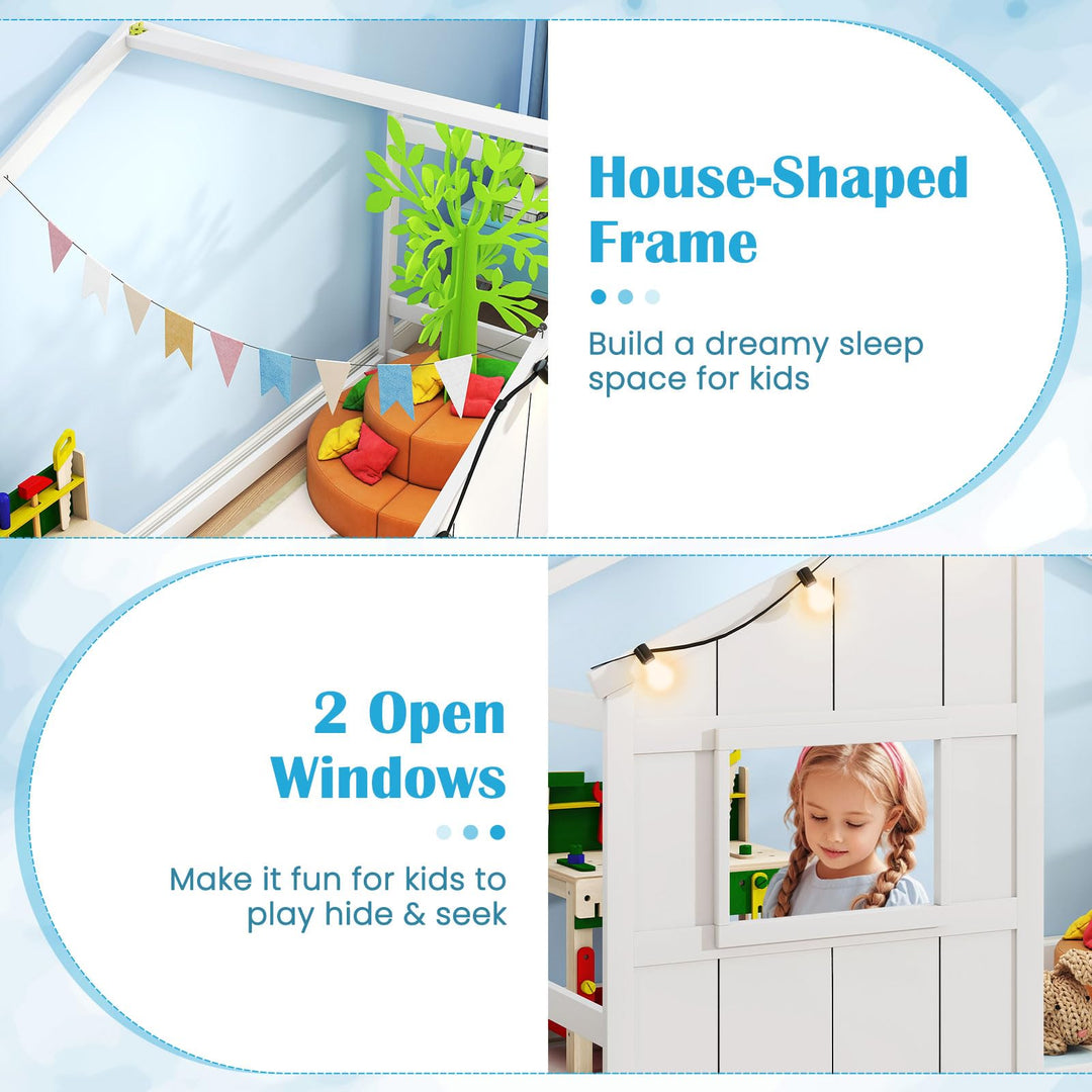 Giantex Twin Kids House Bed with Light Bulbs Wooden Montessori Floor Bed Frame with Roof &amp; Windows