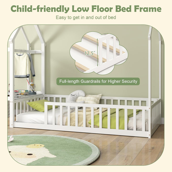 Giantex Twin House Floor Bed, Solid Wood Montessori Floor Bed with Detachable Storage Shelf &amp; Clothes Hanger