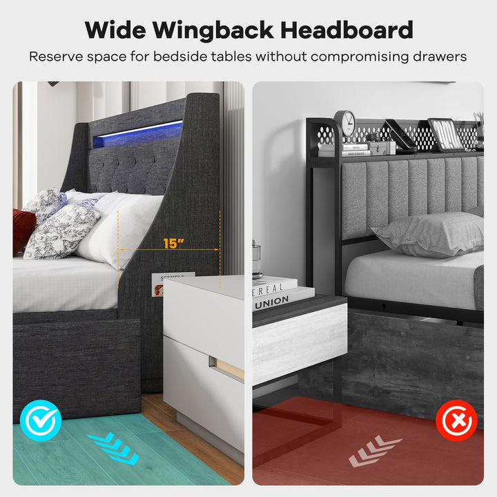 Giantex Full Size Bed Frame with LED Lights &amp; Charging Station, Upholstered Platform Bed with Wingback Headboard