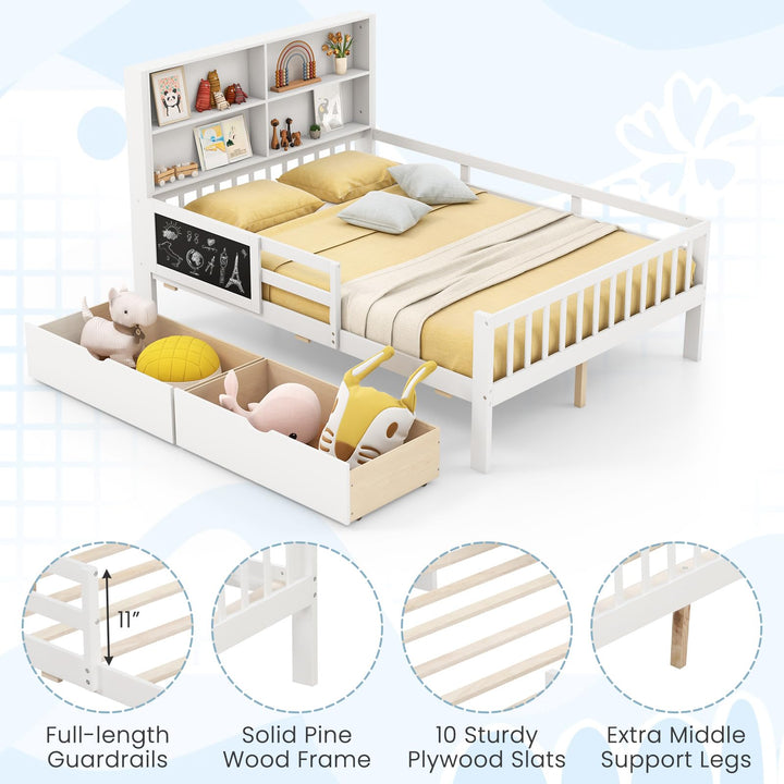 Giantex Full/Twin Size 2 Storage Drawers, Solid Wood Kids Bed Frame w/Bookcase Headboard &amp; Blackboard