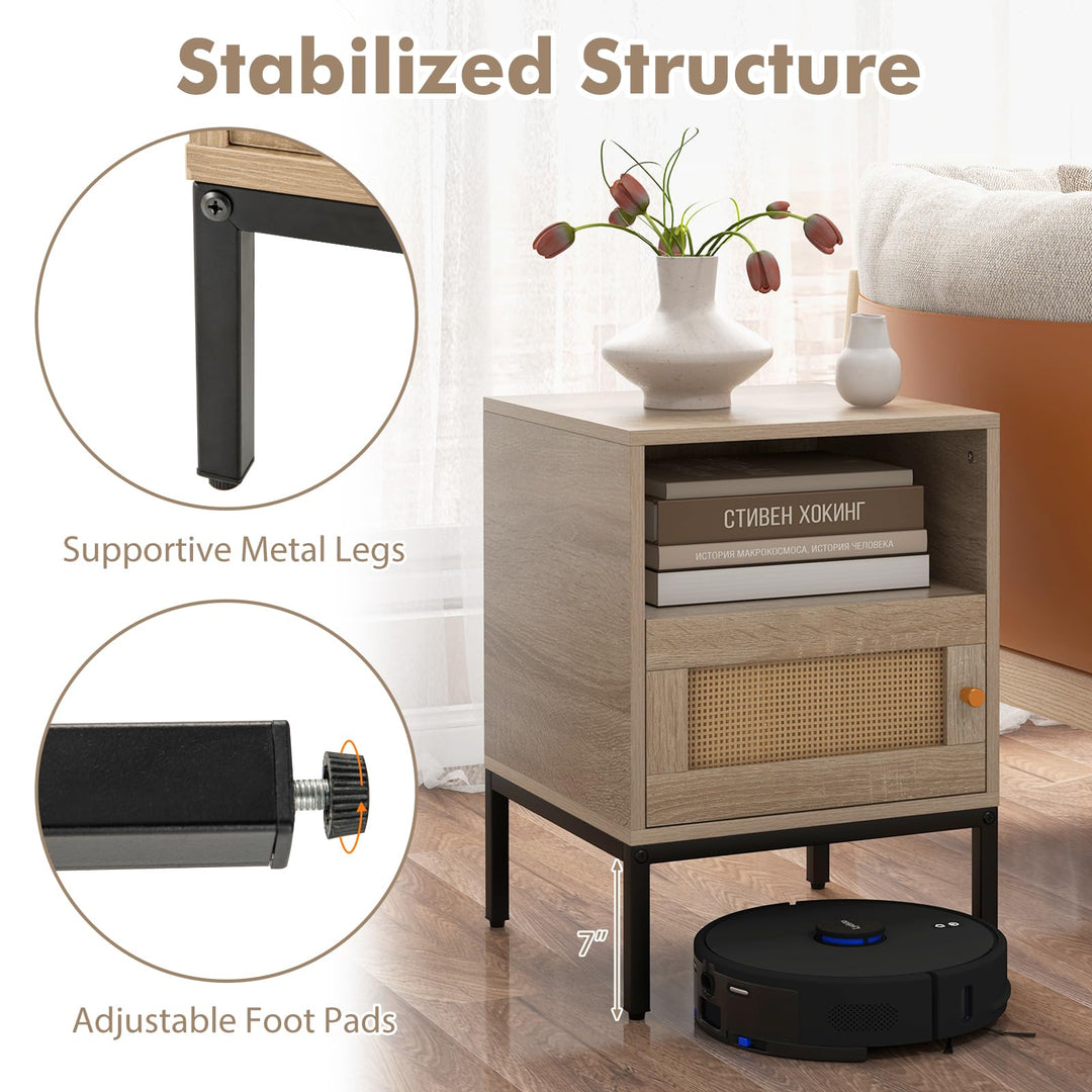 Giantex Rattan Nightstand, Boho Night Stand with Open Storage Shelf &amp; Rattan Decorative Door