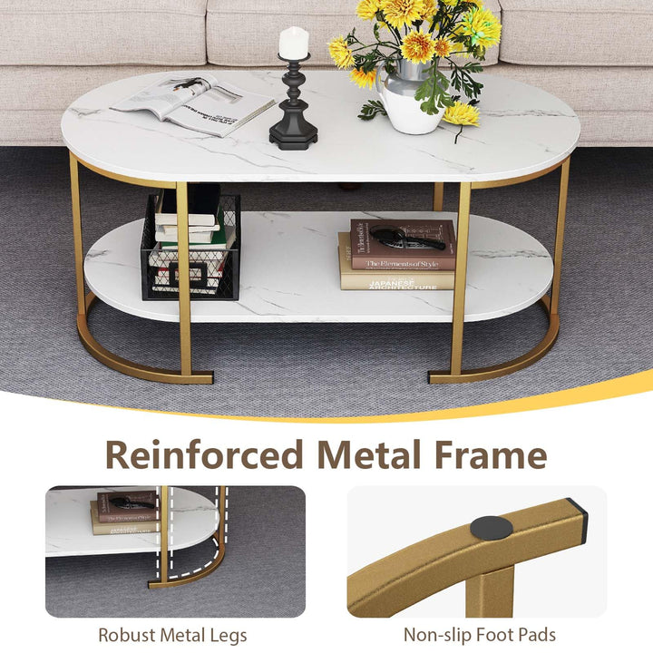 Giantex 2-Tier Coffee Table Oval Center Table with Wood Grain Top &amp; Open Storage Shelf