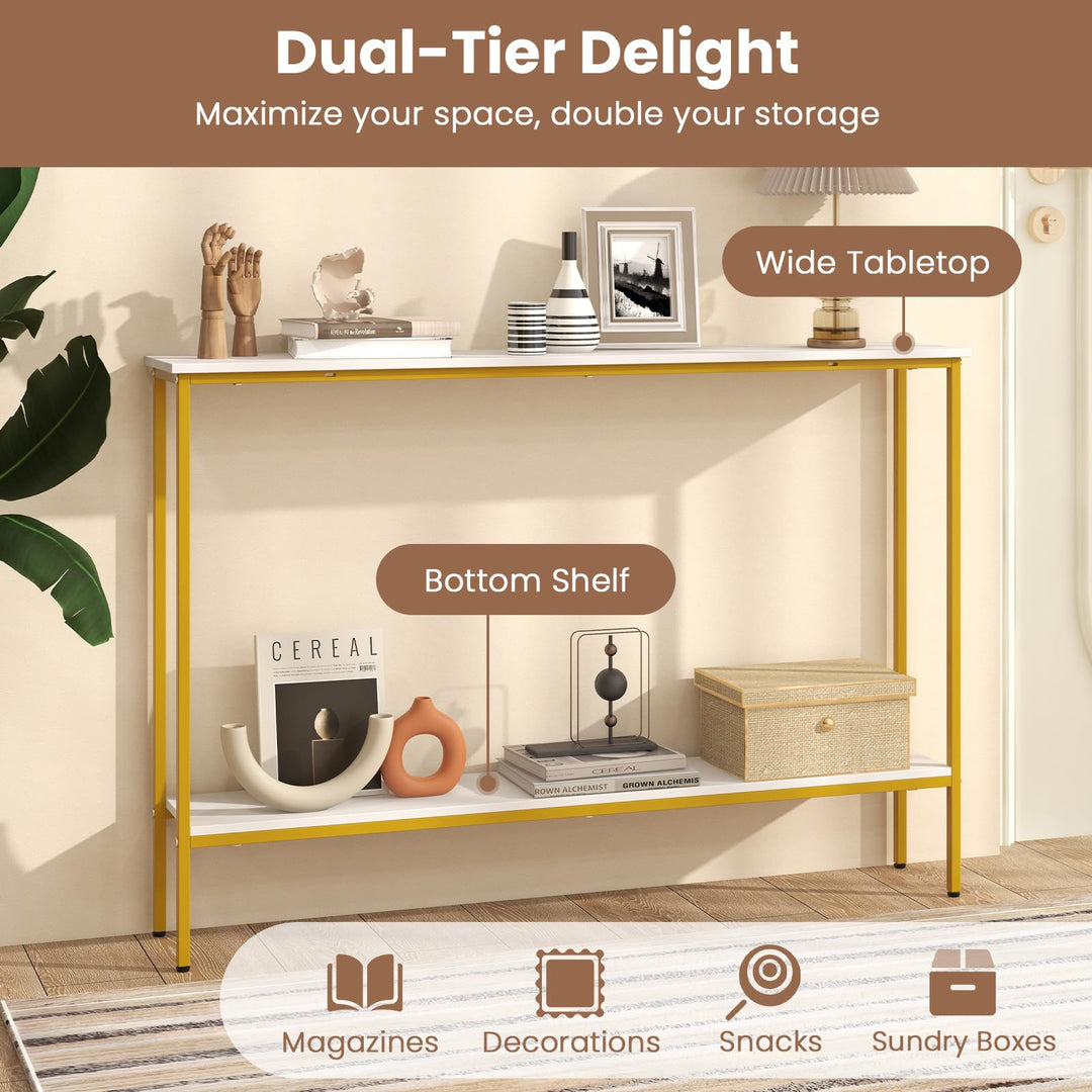 Giantex Gold Console Table with Shelf, 44" Narrow Entryway Table w/Dual Anti-Tipping Kits &amp; Golden Metal Frame