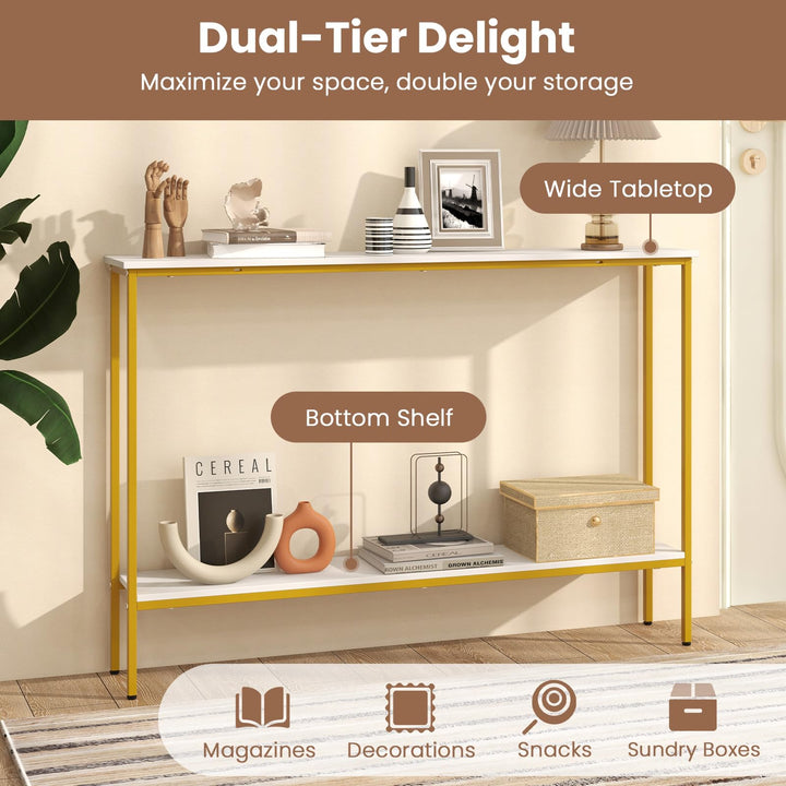 Giantex Gold Console Table with Shelf, 44" Narrow Entryway Table w/Dual Anti-Tipping Kits &amp; Golden Metal Frame