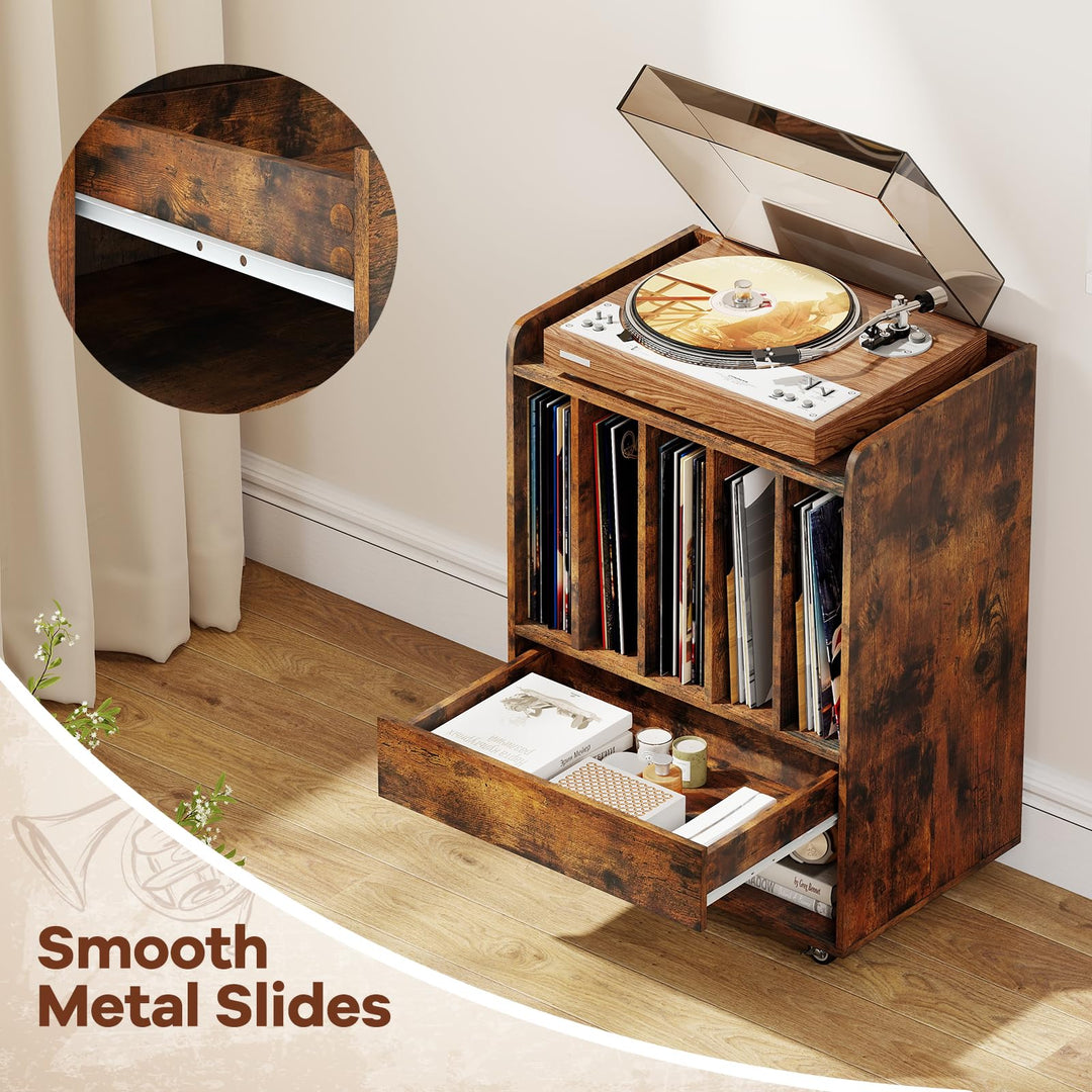 Giantex Record Player Stand Rolling Turntable Stand with Drawer &amp; Lockable Wheels