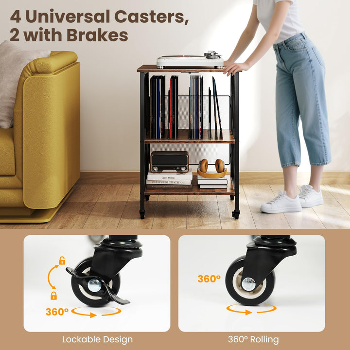 Giantex Record Player Stand with Charging Station Turntable Stand with Record Storage &amp; 4 Rolling Wheels