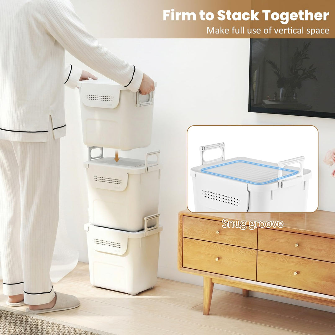 Giantex 3 Pieces Plastic Storage Bins Stackable with Front Door and Side Handles