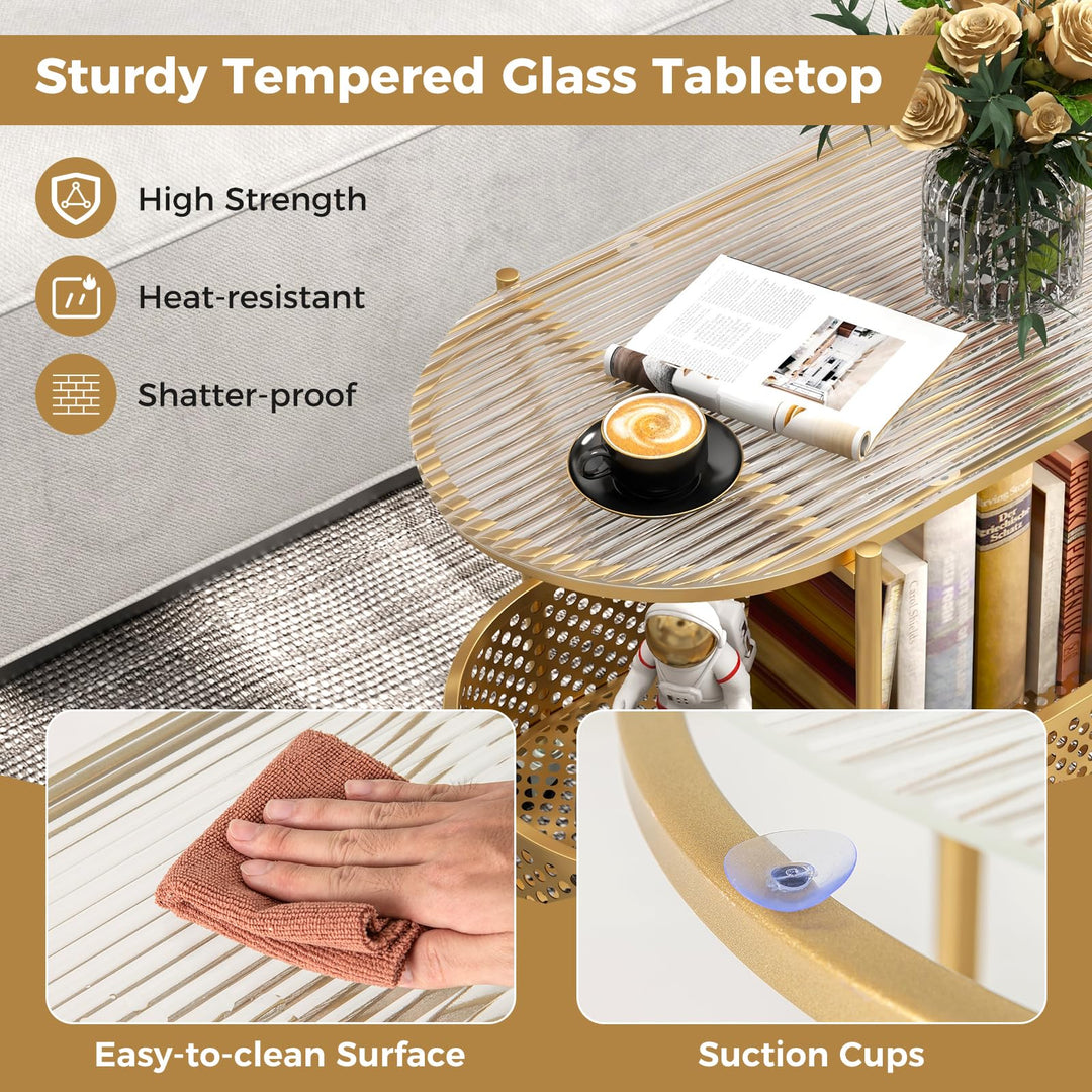 Giantex Mobile Glass Coffee Table, 2-Tier Modern Cocktail Table with Bear Pattern, Storage Basket &amp; Metal Frame