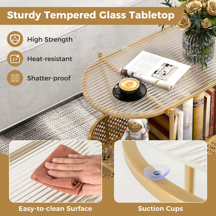 Giantex Mobile Glass Coffee Table, 2-Tier Modern Cocktail Table with Bear Pattern, Storage Basket &amp; Metal Frame