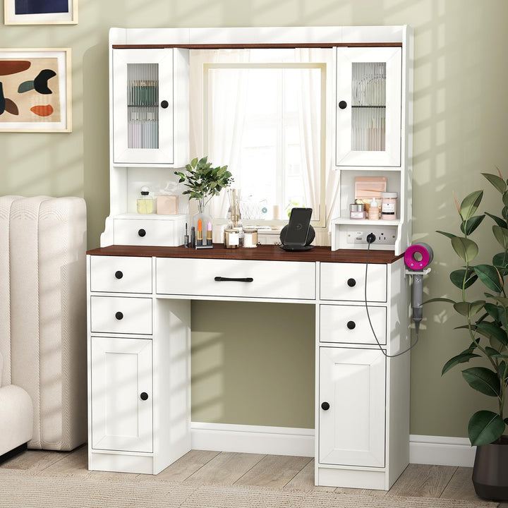 CHARMAID 41.5 Inch Makeup Dressing Table with Power Outlets and 3 Color Lighting Modes