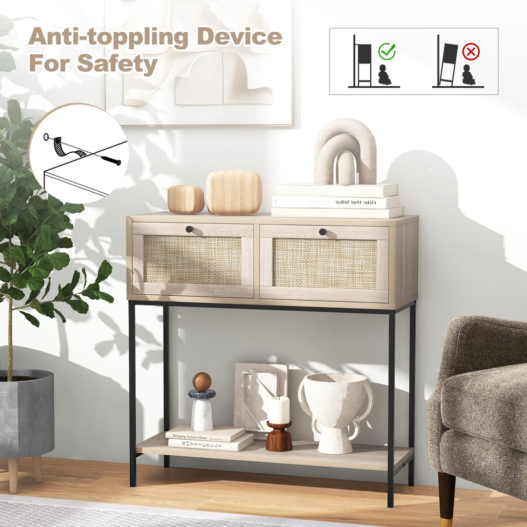 Giantex Console Table with Rattan Drawers - 31.5" Entryway Table w/ 2 Drawers &amp; Open Storage Shelf